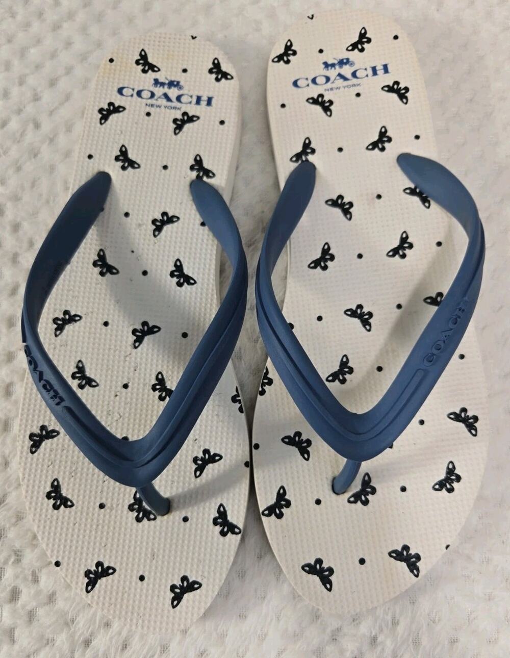 Coach Butterfly Print Flip Flops Women's Size 9B Blue White Rubber Sandals